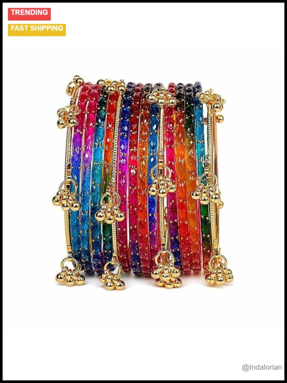 16 Pc Glass Bangle Set with Golden Ghungroo Ethnic Chudi Jewelry